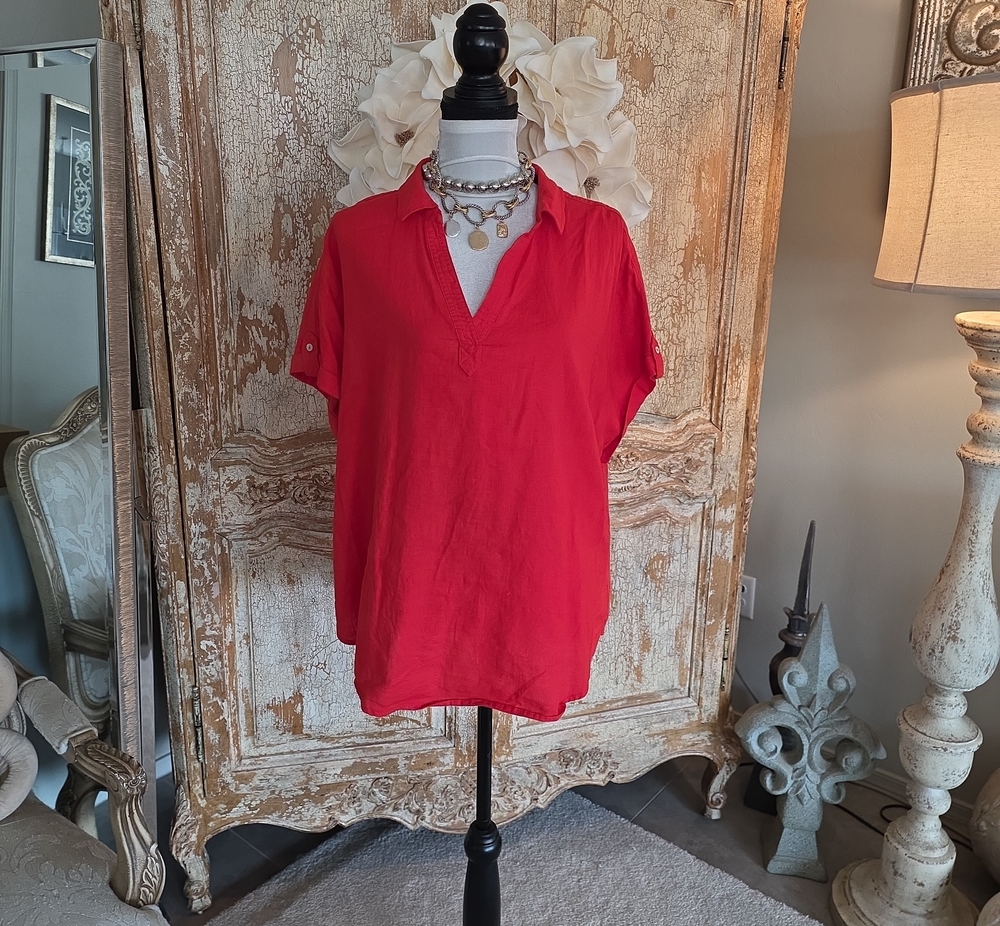 Martha Stewart Red/Orange Short-Sleeve Split V-Neck Linen Blouse